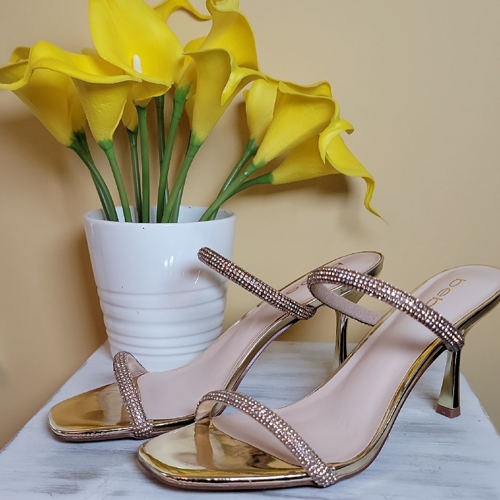 Bebe Gold Strappy Rhinestone Heels